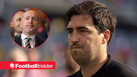 Andoni Iraola on pitch with Michael Nicholson in stands left inset
