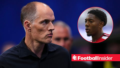 Thomas Tuchel walking into tunnel with Myles Lewis-Skelly in action for Arsenal right inset