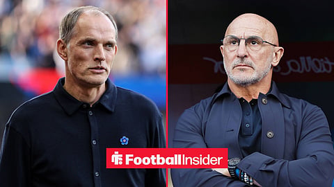 Thomas Tuchel and Luis de la Fuente each stood on sidelines left and right