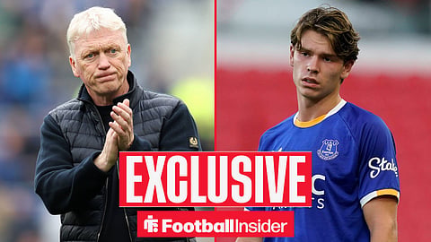 Football Insider exclusive as Everton manager David Moyes and winger Tyler Dibling feature on either side of a split image.