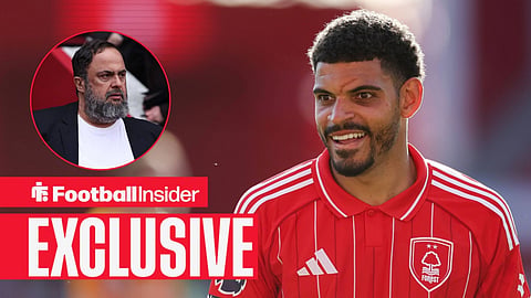 Football Insider exclusive as Nottingham Forest star Morgan Gibbs-White is in action, while owner Evangelos Marinakis watches from a circular inset.