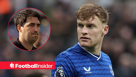 Jarrad Branthwaite in action for Everton, with Andoni Iraola in a circular inset