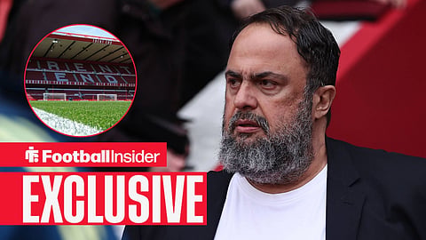 Football Insider exclusive as Nottingham Forest owner Evangelos Marinakis stares towards the City Ground, which features in a circular inset.