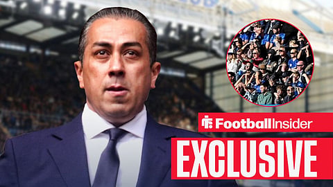 Football Insider exclusive as Chelsea owner Behdad Eghbali stares towards the fans, who watch from a circular inset.