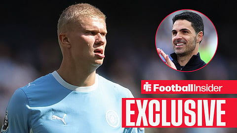 Erling Haaland in action with Mikel Arteta clapping fans right inset