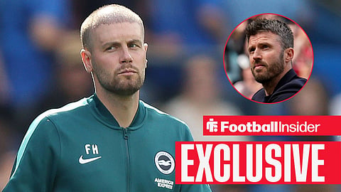 Fabian Hurzeler walking on pitch with Michael Carrick clapping fans right inset
