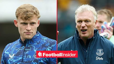 Jarrad Branthwaite pre-match for Everton, with David Moyes on the sidelines