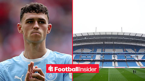 Phil Foden in action for Man City, alongside a picture of the Etihad Stadium