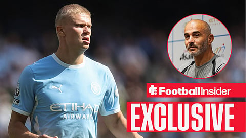 Football Insider exclusive as Man City striker Erling Haaland stares towards manager Enzo Maresca, who watches from a circular inset.