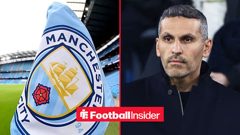 Man City corner flag, with Khaldoon Al Mubarak in the stands