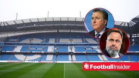 Man City's Etihad stadium, with Everton owner Dan Friedkin and Nottingham Forest owner Evangelos Marinakis in circular insets