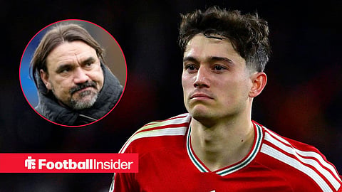 Dan James in action for Wales, with Leeds boss Daniel Farke in a circular inset