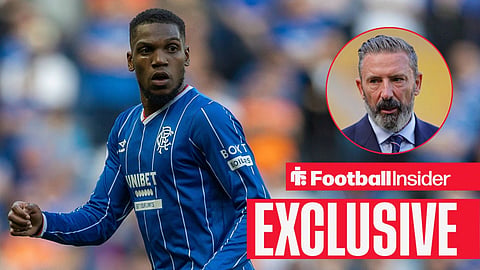 Football Insider exclusive as Rangers defender Dujon Sterling stares towards manager Derek McInnes, who watches from a circular inset.