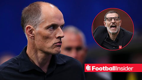 Thomas Tuchel walking down tunnel with Slaven Bilic shouting on sideline right inset