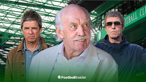 Celtic owner Dermot Desmond smiles, while Noel and Liam Gallagher stand on either side of him at Celtic Park.