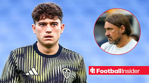 Daniel James in action for Leeds, with Daniel Farke in a circular inset