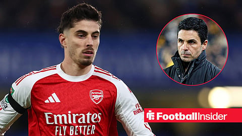 Kai Havertz in action with Mikel Arteta on sideline right inset