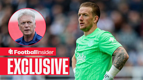 Football Insider exclusive as Everton goalkeeper Jordan Pickford stares towards manager David Moyes, who watches from a circular inset.