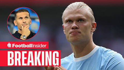 Erling Haaland in action for Man City, with Khaldoon Al Mubarak in a circular inset