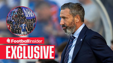 Football Insider exclusive as Rangers manager Derek McInnes stares towards the fans, who wave flags in a circular inset.