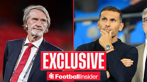 Football Insider exclusive as Manchester United owner Sir Jim Ratcliffe and Manchester City chairman Khaldoon Al Mubarak feature on either side of a split image.