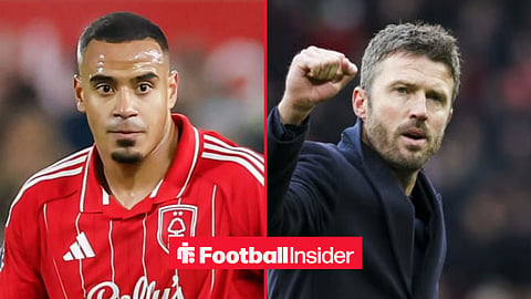 Murillo in action for Nottingham Forest, with Michael Carrick on the sidelines at Man United
