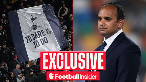 Football Insider exclusive as Tottenham fans and chief executive Vinai Venkatesham feature on either side of a split image.