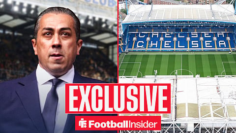 Football Insider exclusive as Chelsea owner Behdad Eghbali stares across a split image towards the club's Stamford Bridge home.