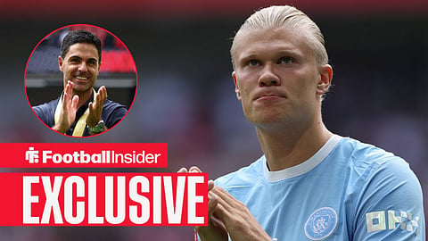 Football Insider exclusive as Manchester City striker Erling Haaland stares towards Arsenal manager Mikel Arteta, who applauds in a circular inset.