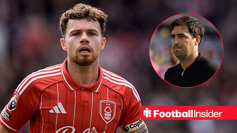 Nottingham Forest defender Neco Williams in action, as Liverpool manager Andoni Iraola watches from a circular inset.
