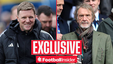 Football Insider exclusive as Eddie Howe smiles across a split image towards Manchester United co-owner Sir Jim Ratcliffe.