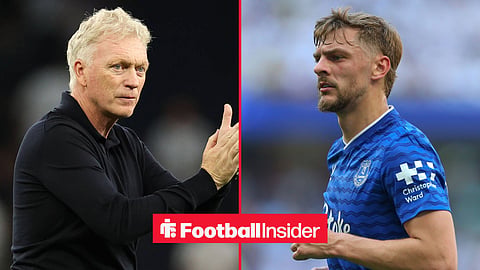 Everton manager David Moyes applauds, while midfielder Kiernan Dewsbury-Hall is in action on the other side of a split image.