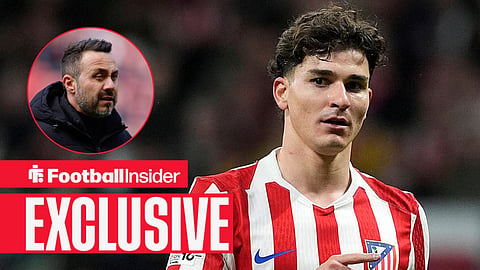 Football Insider exclusive as Julian Alvarez stares towards Tottenham manager Roberto De Zerbi, who watches from a circular inset.