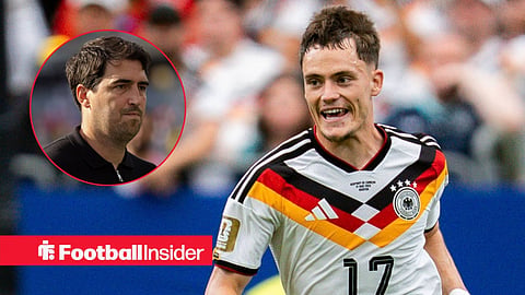 Florian Wirtz in action for Germany with Andoni Iraola on sideline left inset