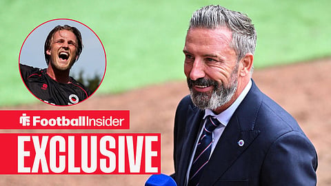 Football Insider exclusive as Rangers manager Derek McInnes smiles, while Casper Widell shouts in a circular inset.