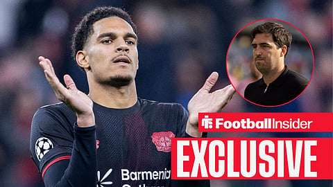 Football Insider exclusive as Bayer Leverkusen defender Jarell Quansah applauds, while Liverpool manager Andoni Iraola watches from a circular inset.