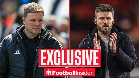 Football Insider exclusive as Eddie Howe stares across a split image towards Manchester United manager Michael Carrick.