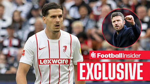 Football Insider exclusive as Freiburg star Igor Matanovic is in action, while Manchester United manager Michael Carrick watches from a circular inset.