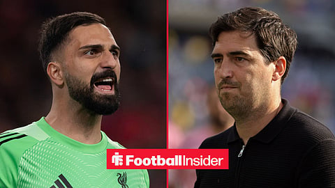 Giorgi Mamardashvili shouting in action with Andoni Iraola on sideline