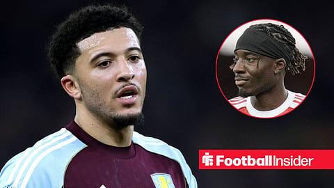 Jadon Sancho in action for Aston Villa and Noni Madueke playing for Arsenal right inset