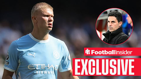 Football Insider exclusive as Manchester City striker Erling Haaland stares towards Arsenal manager Erling Haaland, who watches from a circular inset.