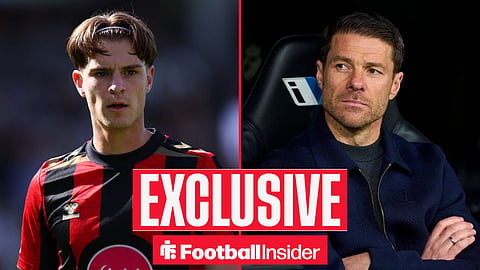 Football Insider exclusive as Bournemouth midfielder Alex Scott stares across a split image towards Chelsea manager Xabi Alonso.