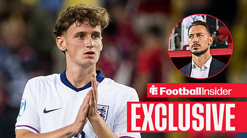 Football Insider exclusive as Lyon midfielder Tyler Morton applauds, while Newcastle manager Matthias Jaissle watches from a circular inset.