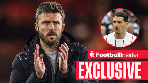 Football Insider exclusive as Man United manager Michael Carrick applauds, while Freiburg striker Igor Matanovic is in action in a circular inset.