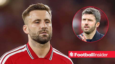 Luke Shaw in action for Man United, with Michael Carrick in a circular inset