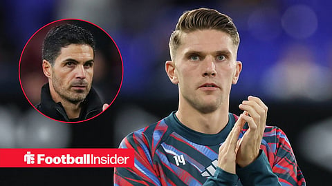 Viktor Gyokeres pre-match for Arsenal, with Mikel Arteta in a circular inset