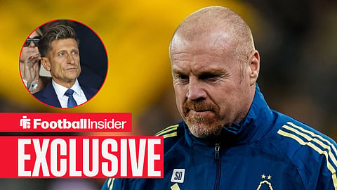 Football Insider exclusive as Sean Dyche stares towards Crystal Palace chairman Steve Parish, who watches from a circular inset.