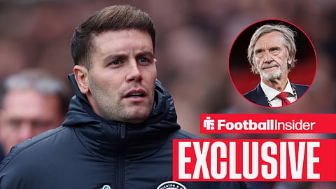 Football Insider exclusive as Brighton manager Fabian Hurzeler stares towards Manchester United owner Sir Jim Ratcliffe watches from a circular inset.