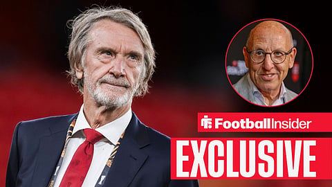 Football Insider exclusive as Manchester United co-owner Sir Jim Ratcliffe stares towards Joel Glazer, who watches from a circular inset.
