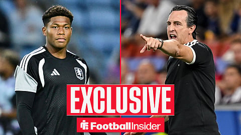 Football Insider exclusive as Aston Villa goalkeeper Zion Suzuki stares across a split image towards manager Unai Emery, who points on the touchline.